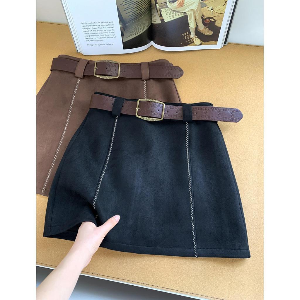 Coffee High-Waisted Suede Plush Mini Skirt - Women's 2026 Spring/Autumn Versatile A-line Elegant Half-Skirt