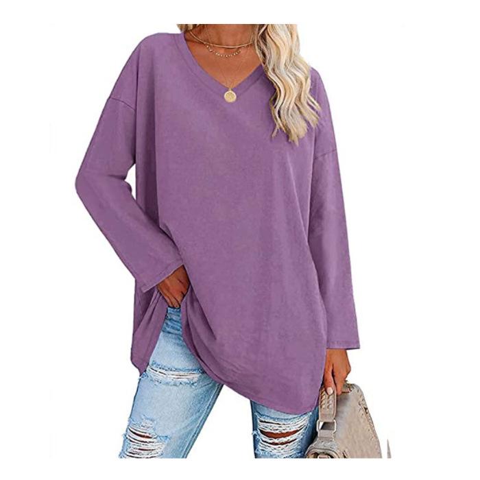 Super Large Multi-color Loose V-neck Women's T-shirt with Drop Shoulder Sleeves
