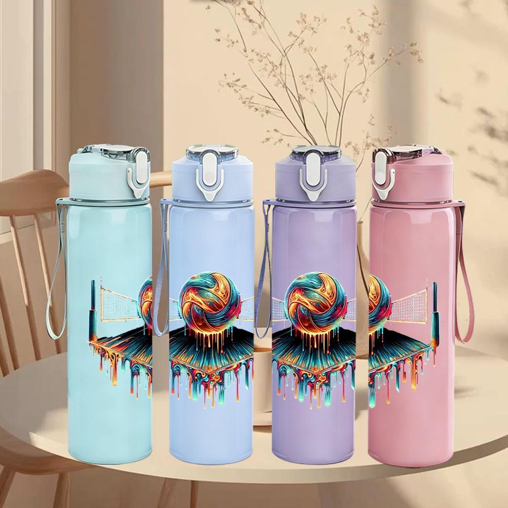 1PC Volleyball Fire Explosion Art Print 750ml Color Plastic Sports Water Bottle Leakproof Flip Straw Lid Suitable for Sports Office Home Use