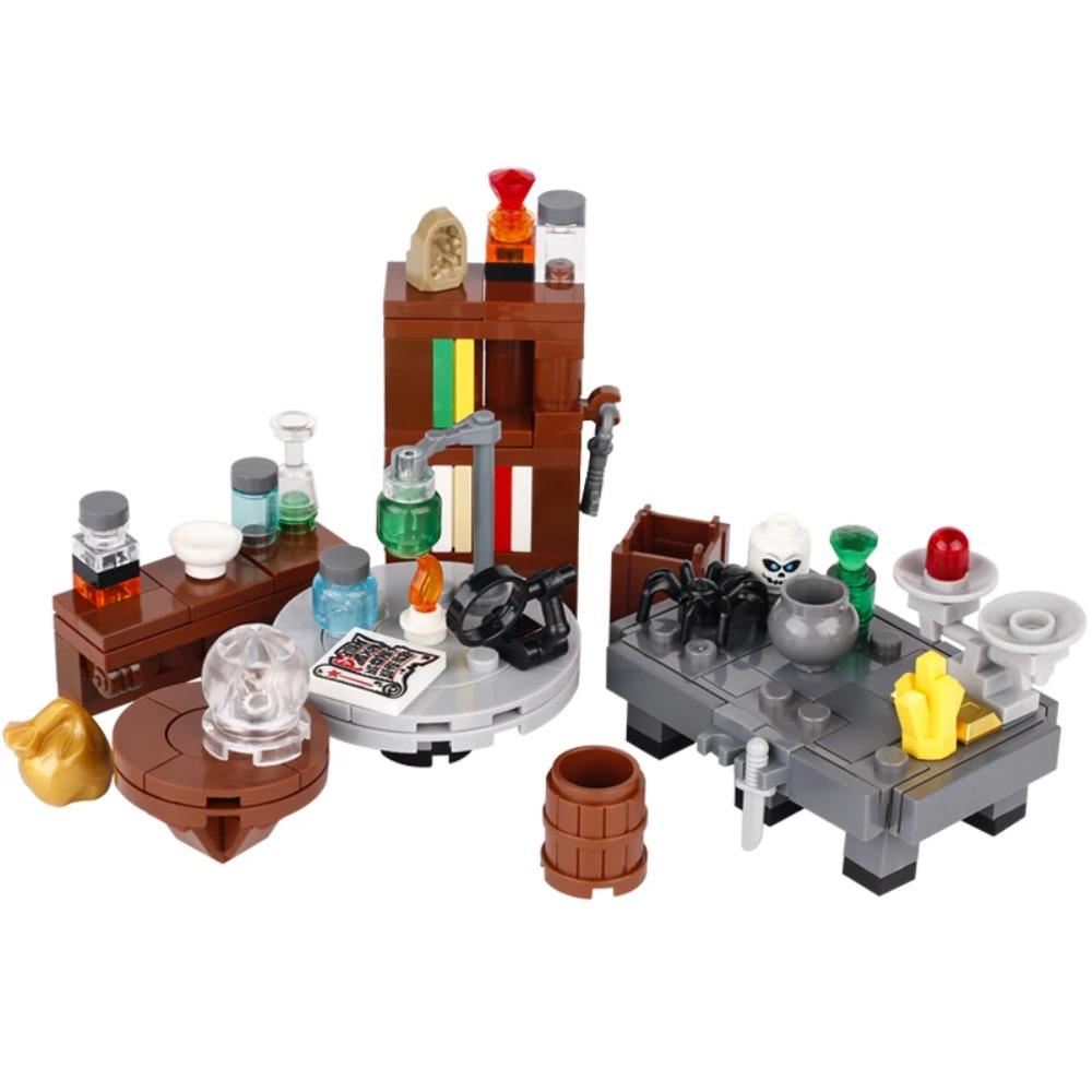 MOC Medieval Alchemy Room Kitchen Wizard Potion Building Blocks Devil's Spring Castle Road Lamp Witch Figures Scene Skull Bricks