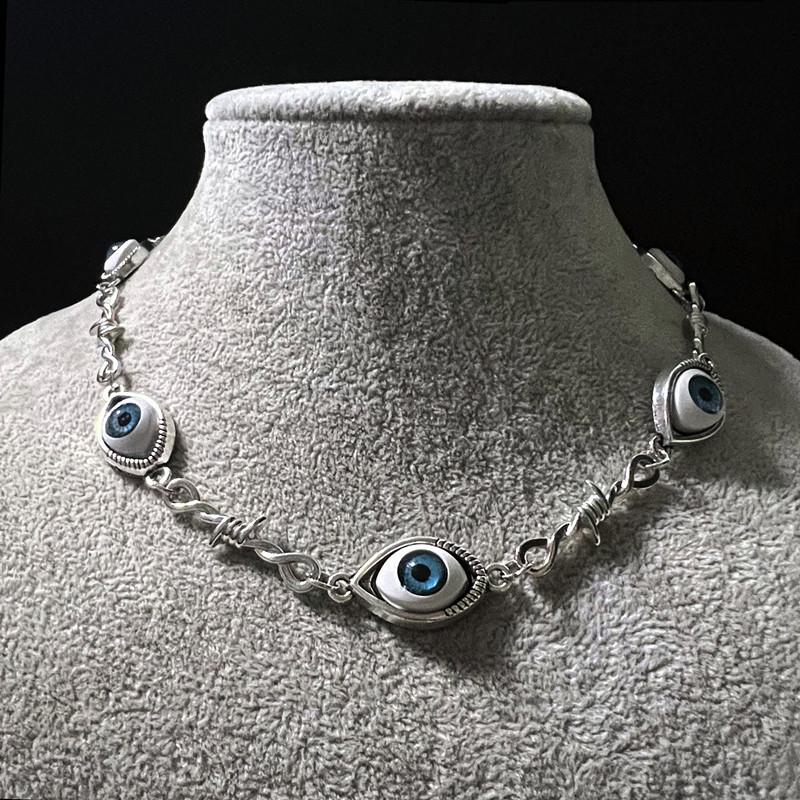 Halloween Blue Alien Eye Necklace with Iron Wire Bra Design – Unisex