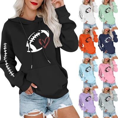 Pulover cald, la modă, casual, confortabil, pentru femei, cu gât rotund, cu glugă, cu mânecă lungă, cu imprimeu rugby