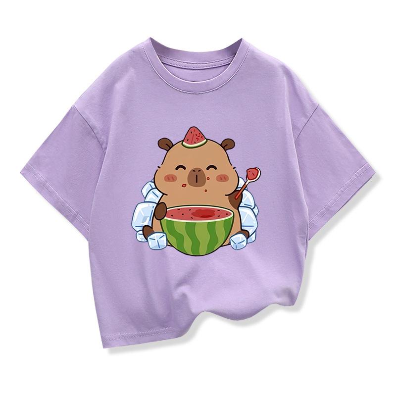 

Летняя новая футболка с коротким рукавом, мультяшным принтом арбуза и капибары, детская одежда, футболки, свободные повседневные топы для девочек 100