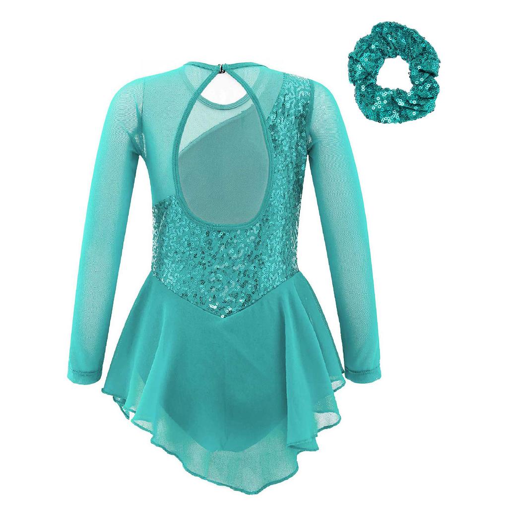 Vestido de Baile para Niñas Manga Larga Escote Redondo Decoración de Lentejuelas Flor Delantera Espalda Hueca Traje de Actuación