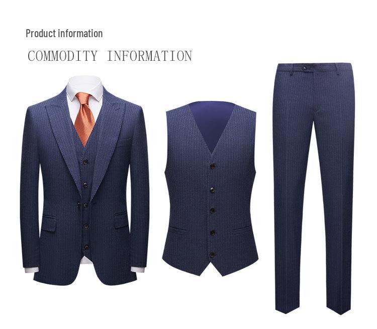 Korean Style Men's Slim Fit Blue Striped Three-Piece Suit