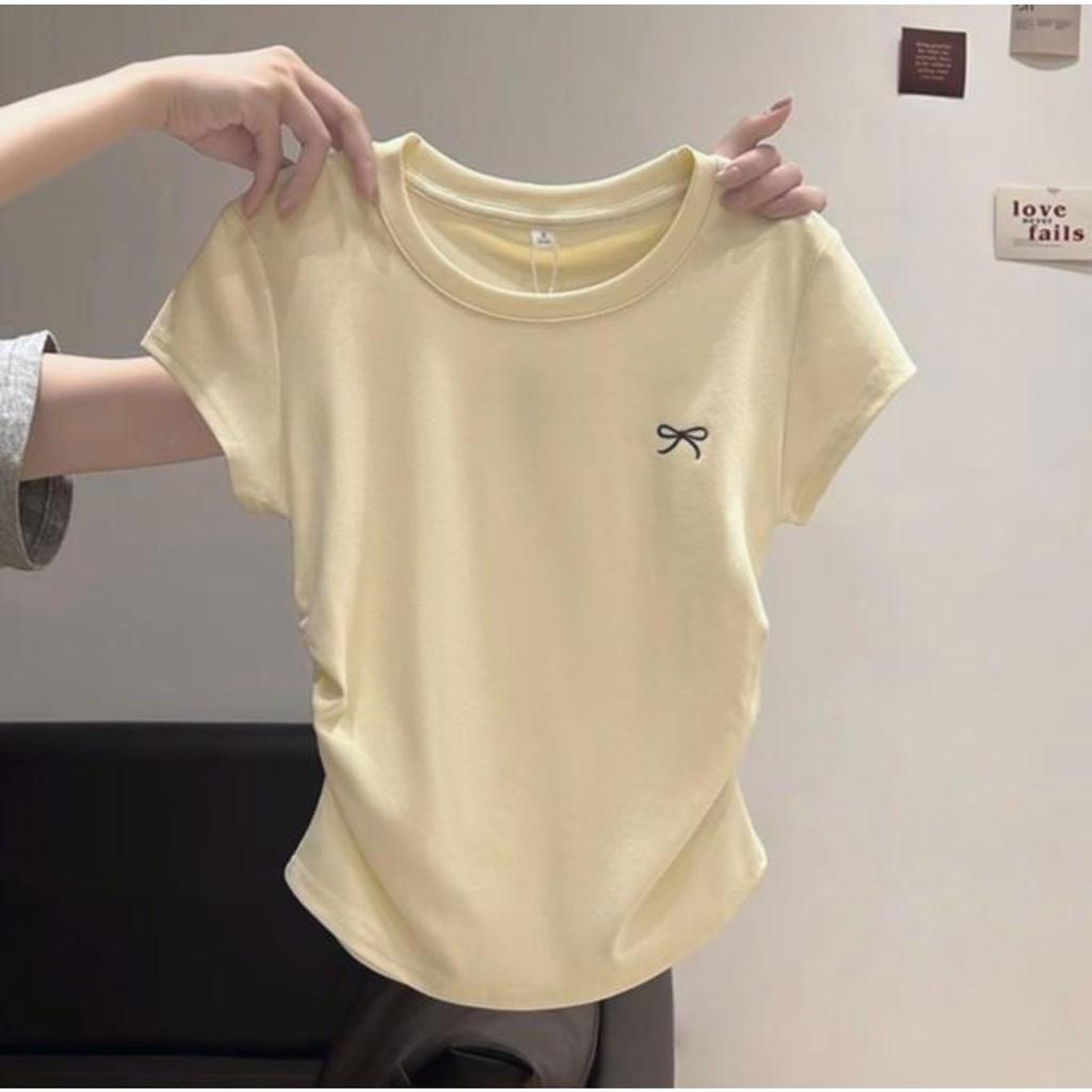 Sweet and Pure Desire Shoulder Short Sleeved T-shirt for Women, Embroidered with Bow, Spring and Summer Version Pleated Waist Cinching Short Top