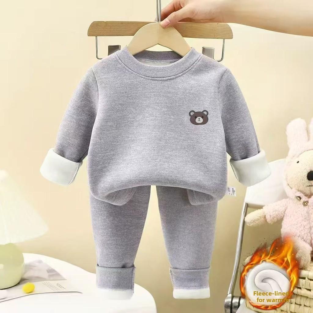 Baby Boy Girl Fleece Thermal Underwear Set With Plush Lining For Winter Warmth