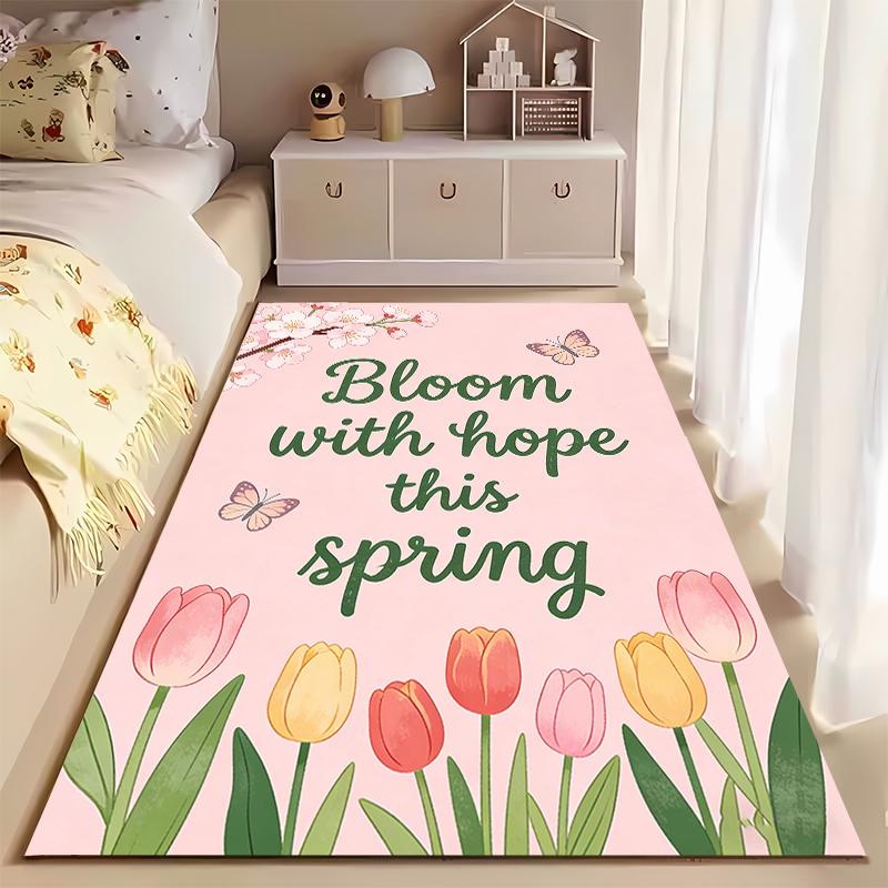 Floral Pink Carpet with Tulips and "Bloom with Hope This Spring" Text Suitable for Use As an Anti-slip for Living Room Bedroom Sofas