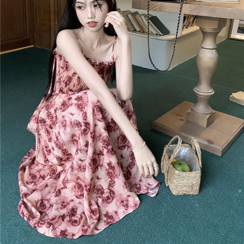 French Rose Print Lace Dress for Women Summer Autumn New Design Sense High Waist Wrapped Chic Strap Long Dresses