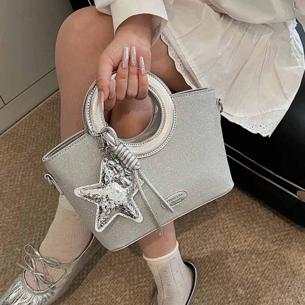 Shoulder Bag Small Basket Bag PU Shining Banquet Handbag Fashionable Sweet Star Silver Bag  Women