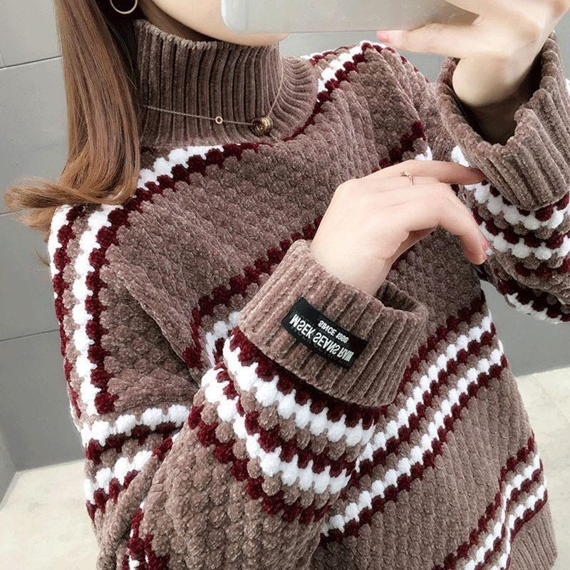 

Korean Style High Collar Loose Knit Sweater - Autumn & Winter Fashion for Women XS кавовий