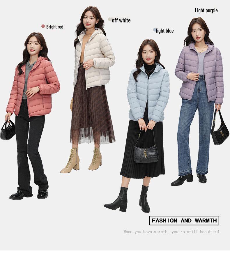 Women's Lightweight Hooded Down Jacket - 90% Down, Solid Color, Casual Warm Plus Size Coat for Autumn/Winter.