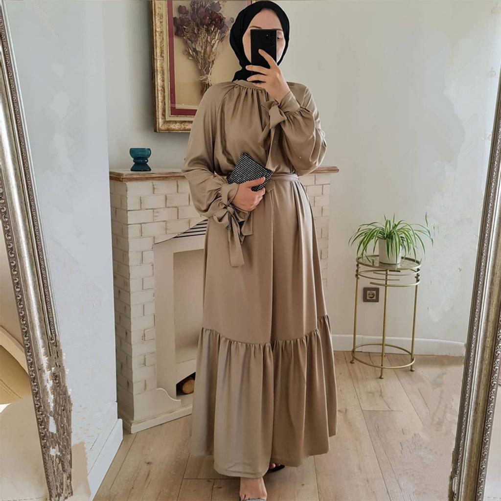 Fashion Long Sleeve Muslim Dress Solid Color Elegant Women's Modest Wear Clothing Lace Up Turkey Kaftan Eid Robes