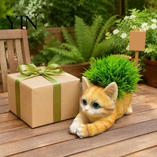 Decorative Cat Ornament Creative Resin Planter, Cute Lying Flower Pot for Garden Animal Yard, Adorable Plant Holder, Indoor Outdoor Home Desk