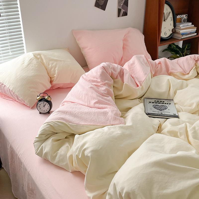Super Soft Bed 4Pcs Set, Pure Washed Cotton Quilt Cover, Bed Sheet Full Quilt Cover, Bed Hat Student Three 4-Piece Set