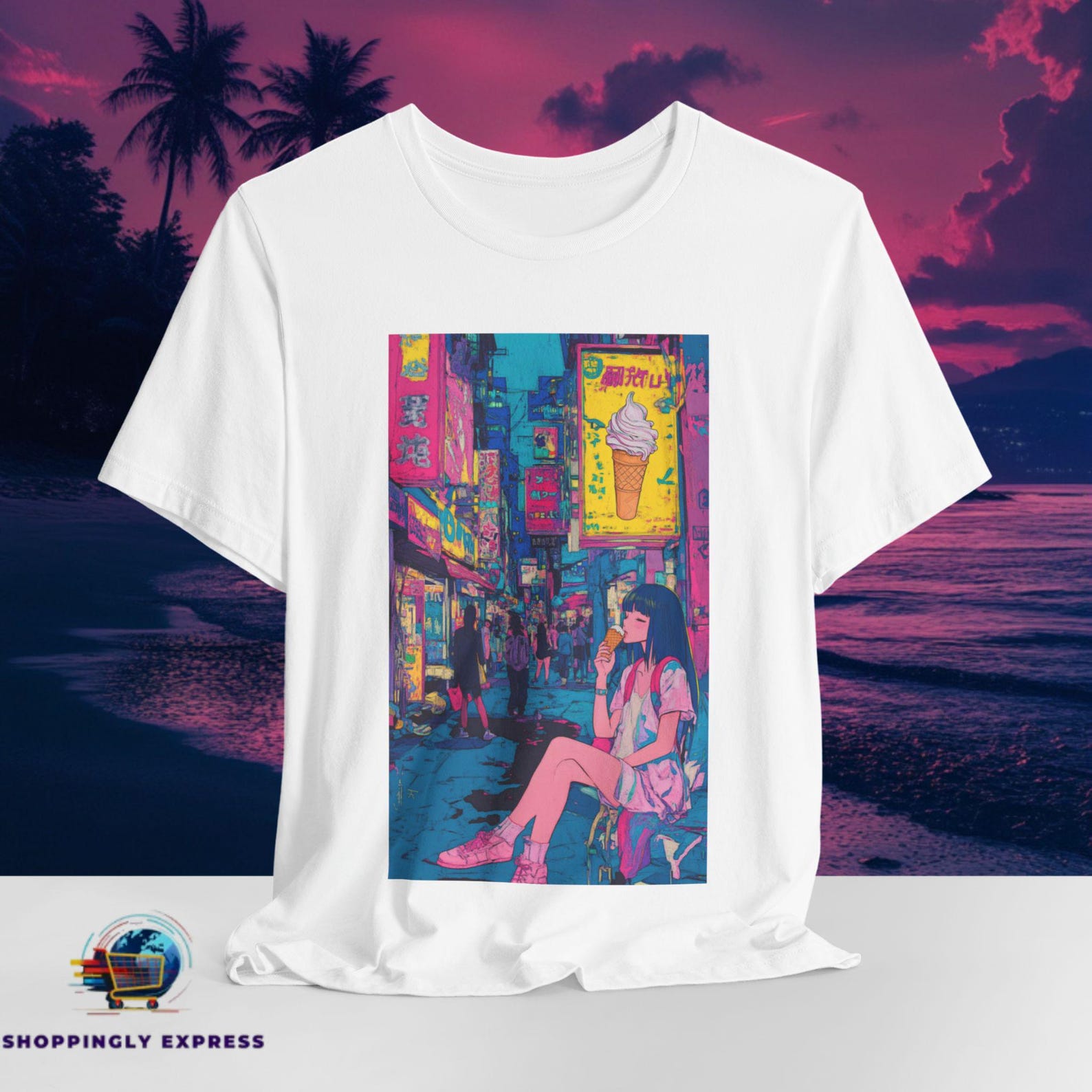 Anime Girl T-Shirt | Japanese Vaporwave Aesthetic Tee | Chill Anime Girl Graphic Shirt | Neon Tokyo Retro Apparel | Unisex Bella Canvas S