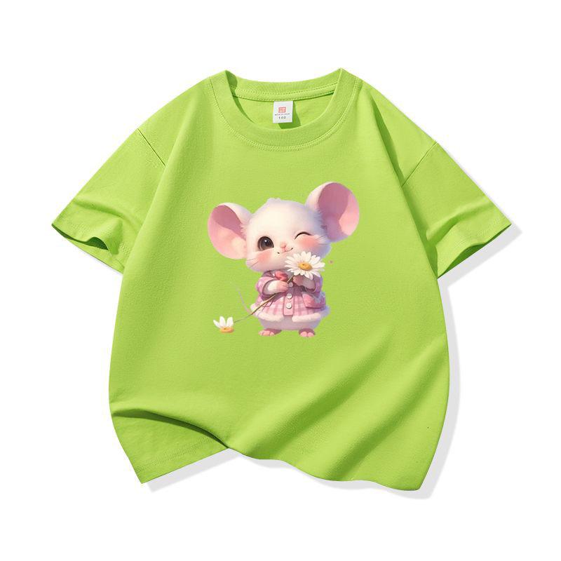 Kids Cotton T Shirt Little Mouse With Daisy Flower Print Crew Neck Short Sleeve Tee Casual Boys Girls Summer Tops
