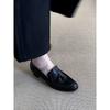 Schafsleder-Version~ Französische Retro-Rundkopf-Fransen-Dickabsatz-Kleinlederschuhe Pendler Schwarz Einschlupf-Loafer Damen-Einzelschuhe