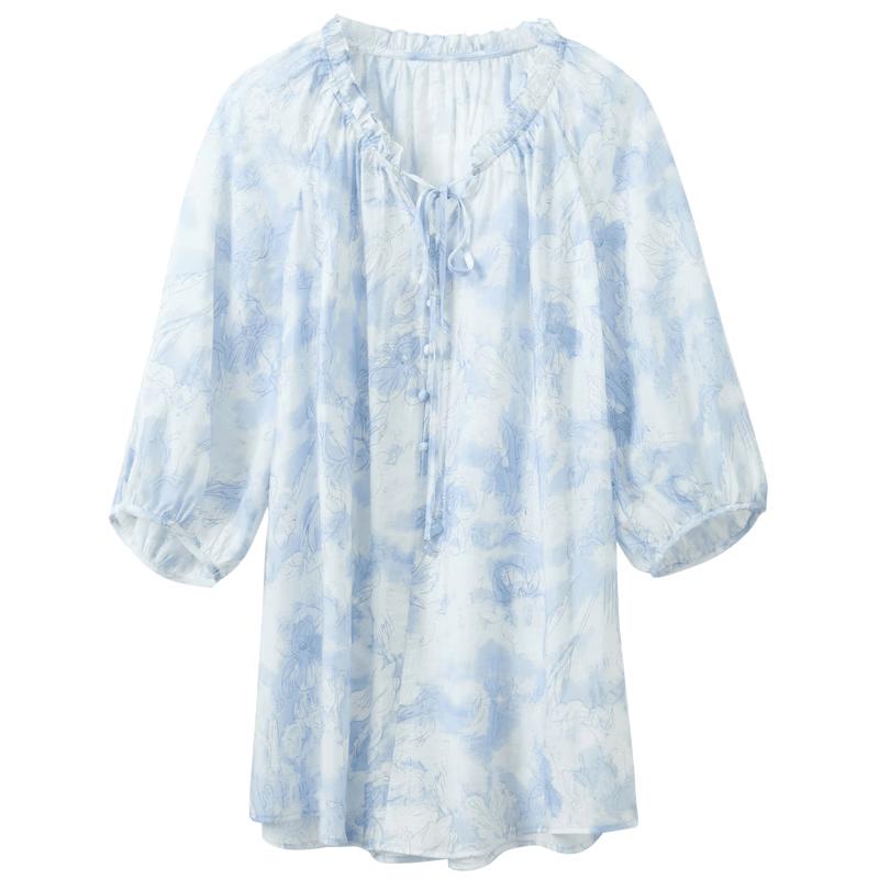 Sancai 2026 Summer Ruffle V-neck Floral Blouse L