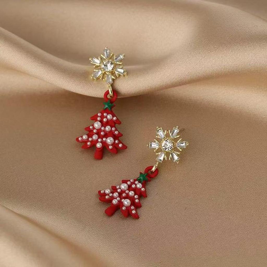 Elegant Christmas Red Bow and Snowflake Stud Earrings for Women