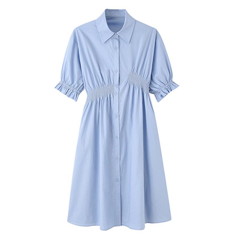 Women's Asymmetrical Pleated Shirt Dress with Waist-Slimming Design and Lantern Sleeves
