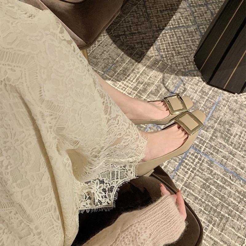 [] Workplace artifact~ Square head square buckle shallow mouth thick high heel ol single shoes women's wedding shoes commuter shoes