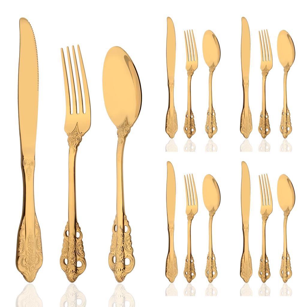 12Pcs 18/8 Stainless Steel Royal Cutlery Set Shiny Gold Dinnerware Tableware Knives Forks Spoons Western Dinner Set
