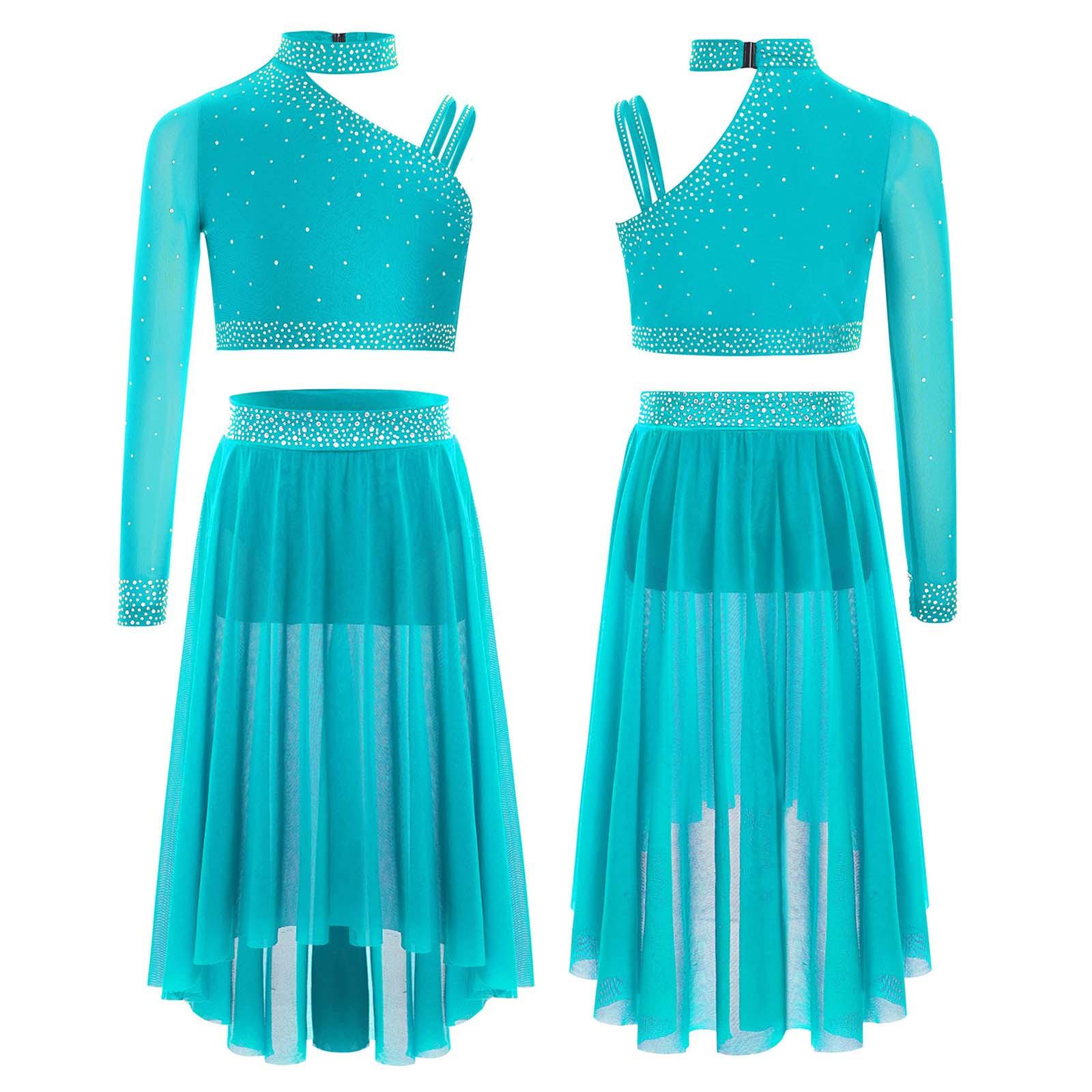

Sparkling Rhinestone Dance Set for Kids Girls: Modern Crop Top & High-Low Mesh Skirt Perfect for Practice & Recital 5-6 Years синій/зелений