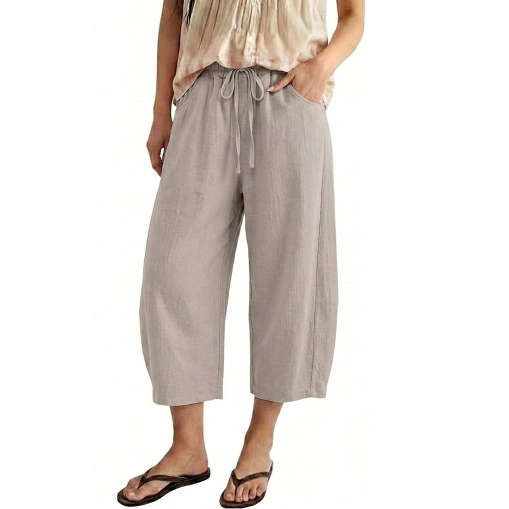 Women's Short Linen Flared Pants With Drawstring, Wide-Leg Cotton Cropped Pants