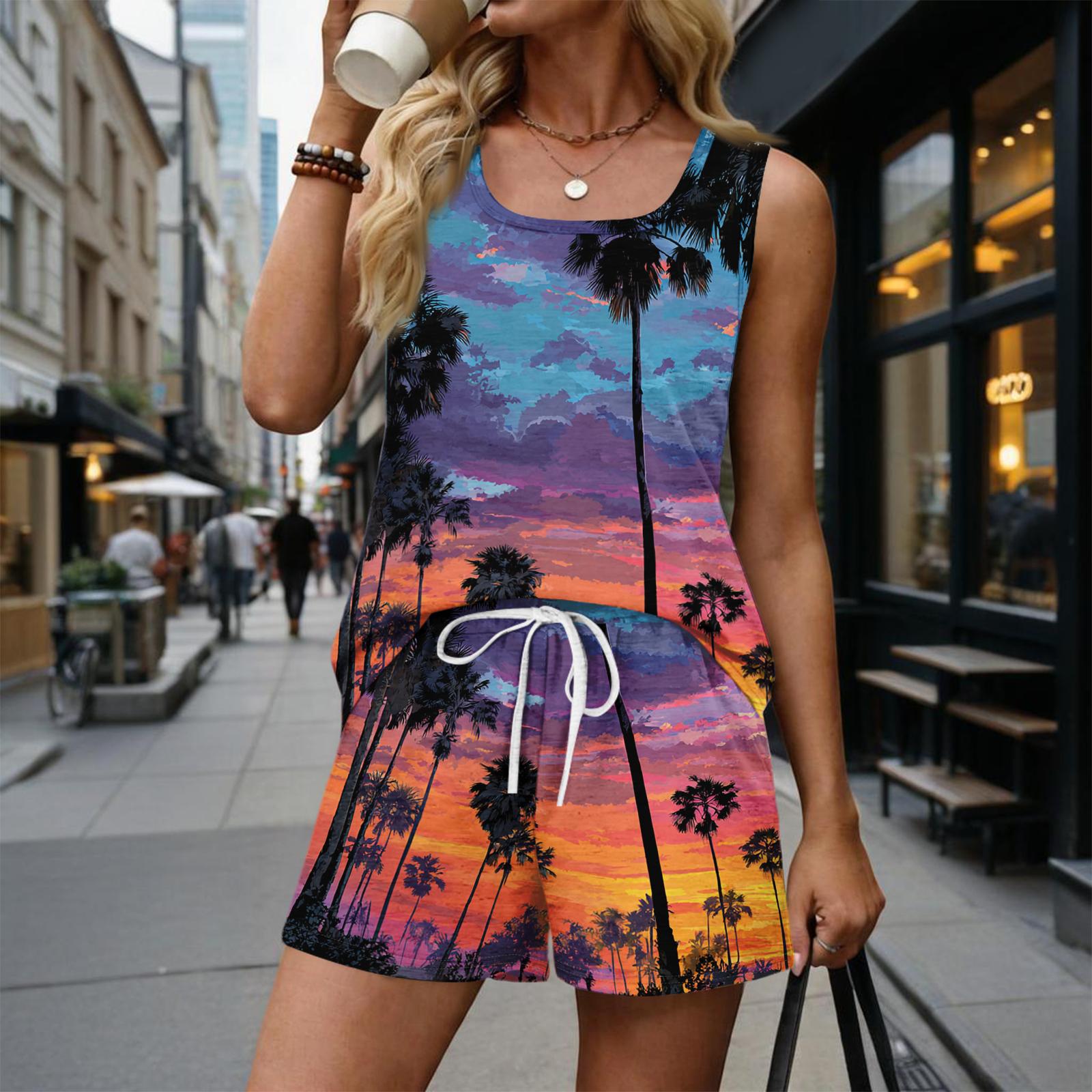 

Women s Summer Casual Shorts Two-Piece Set, Hawaiian Print Vest, Square Neck Sleeveless Sports Shirt with Pockets XXL