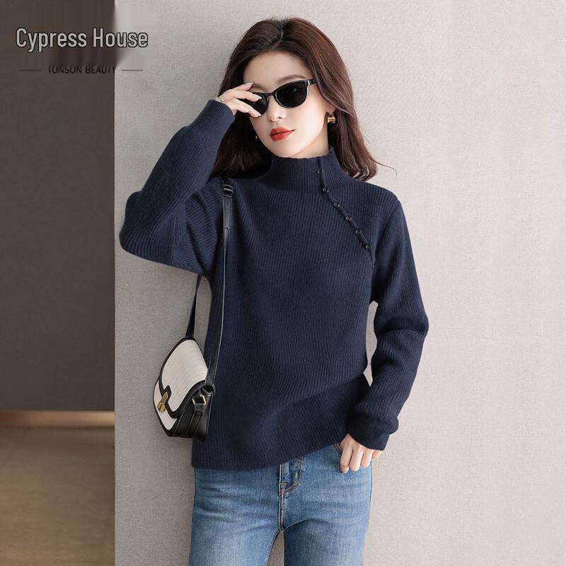 Women s High-Neck Long-Sleeve Button Detail Sweater One Size