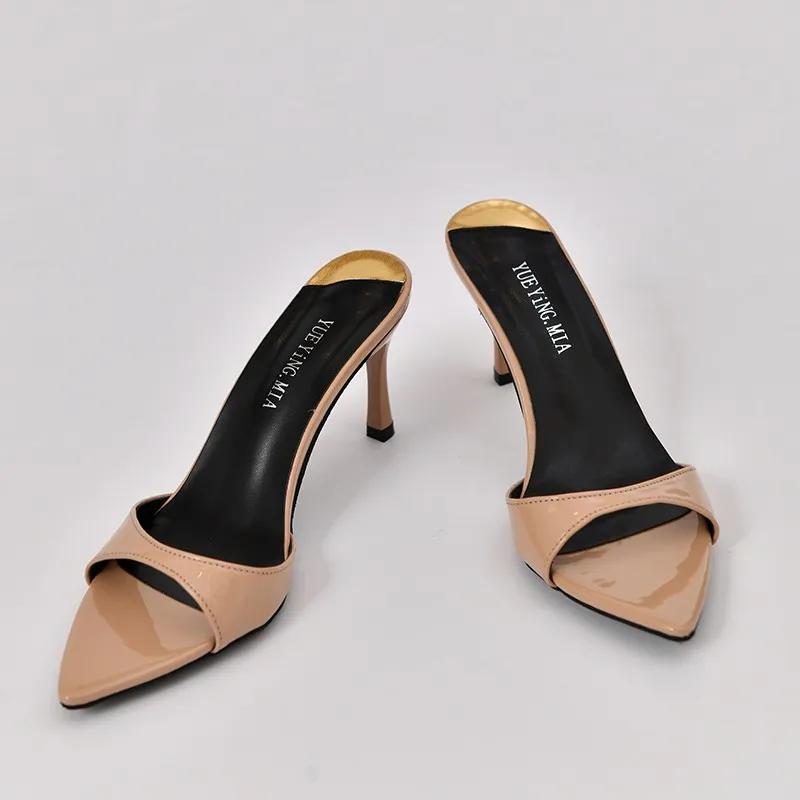 Summer New Style Pointed Toe High Heels Women's Patent Leather Sandals One Strap Thin Wedges Black Versatile Simple Design