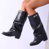 Fashion Brand Design Black Pu Leather Knee High Boots Women Slip On Height Increase Long Boots Woman Fashion Plus Size 42 Wide Leg Botas
