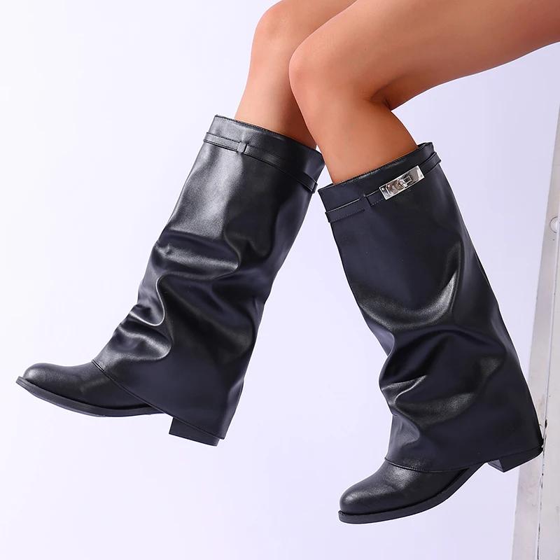Fashion Brand Design Black Pu Leather Knee High Boots Women Slip On Height Increase Long Boots Woman Fashion Plus Size 42 Wide Leg Botas