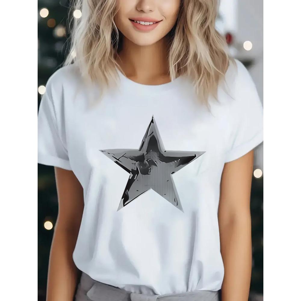 Women's Casual Short Sleeve T-Shirt with Vector Star Print Fabric Fit Round Neck for Attire Outdoor Clothes