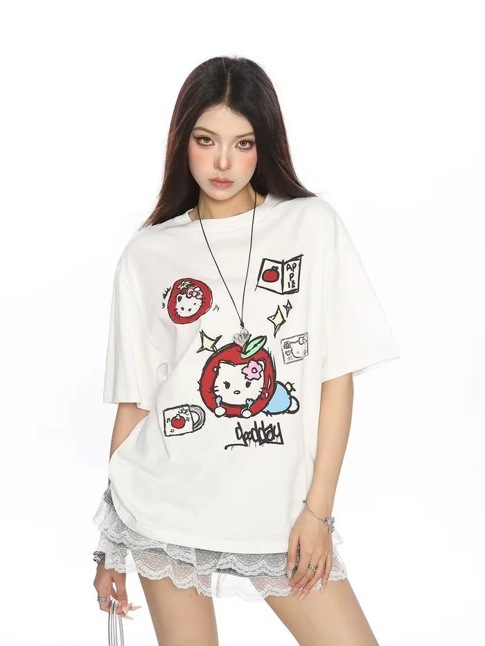 

2026 Summer Hello Kitty Retro High Quality TShirt Cotton Graffiti Angel Print Unisex Casual Tee for Unisex Women Kids S