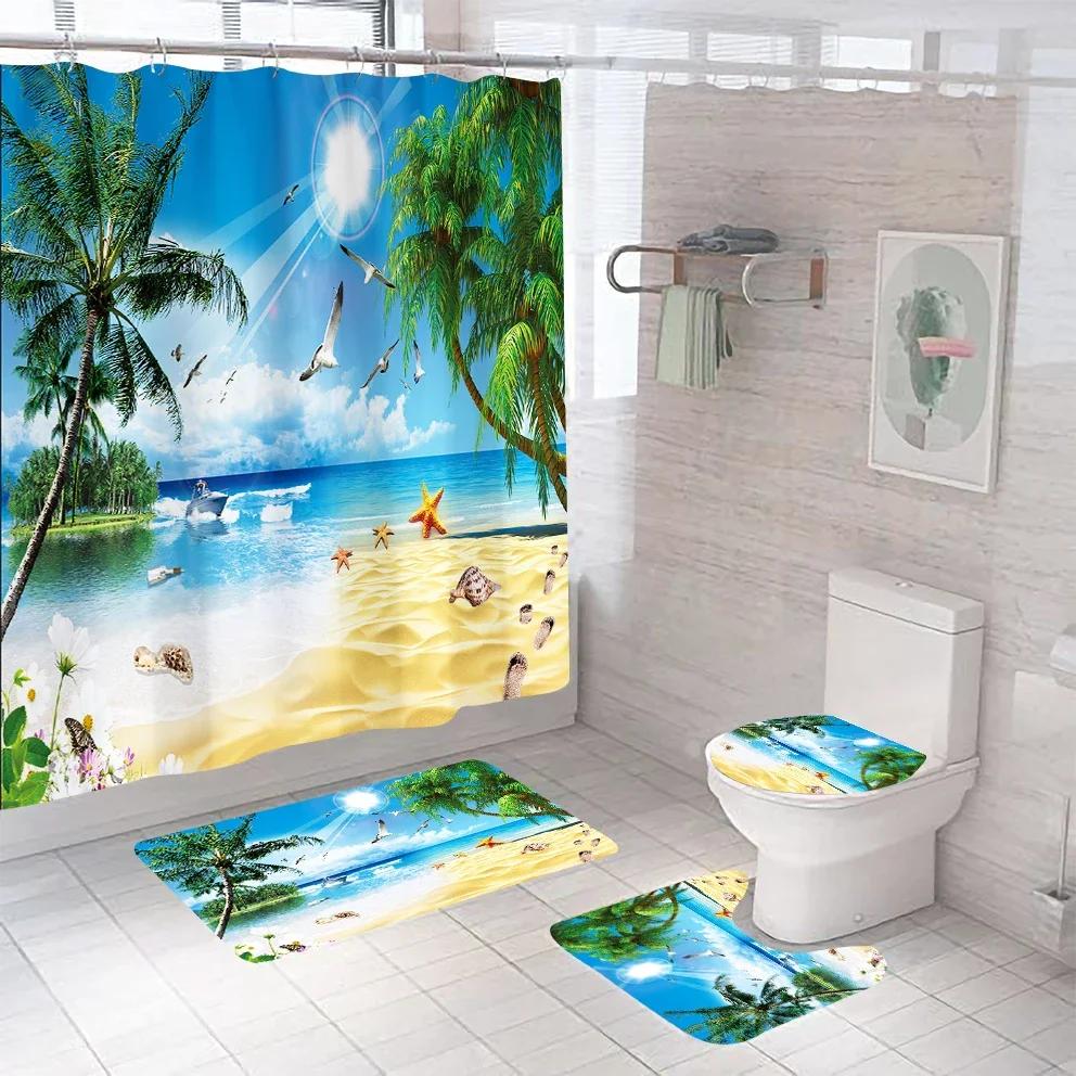 3D Seascape Beach Theme Shower Curtain Sets Toilet Cover Bath Mat Carpet Rugs Bathroom Drapes Shower Curtain Set With Hooks