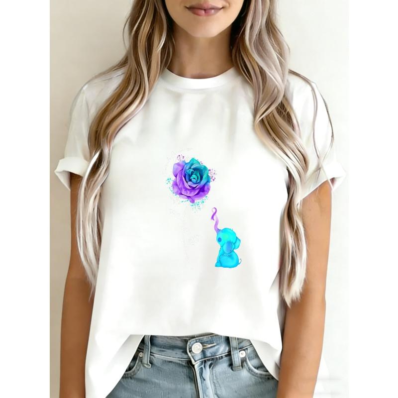 

Cotton T Shirt White Rose And Elephant Print Casual Wear For Women Summer Fashion Top XXXXL білий