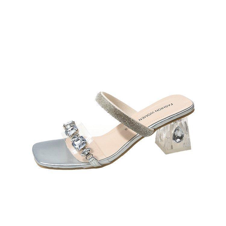 Sandale cu strasuri cu toc înalt pentru femei, vară, exterior, temperament, cuvânt transparent cu toc de cristal, toc gros, papuci frumoși franțuzești