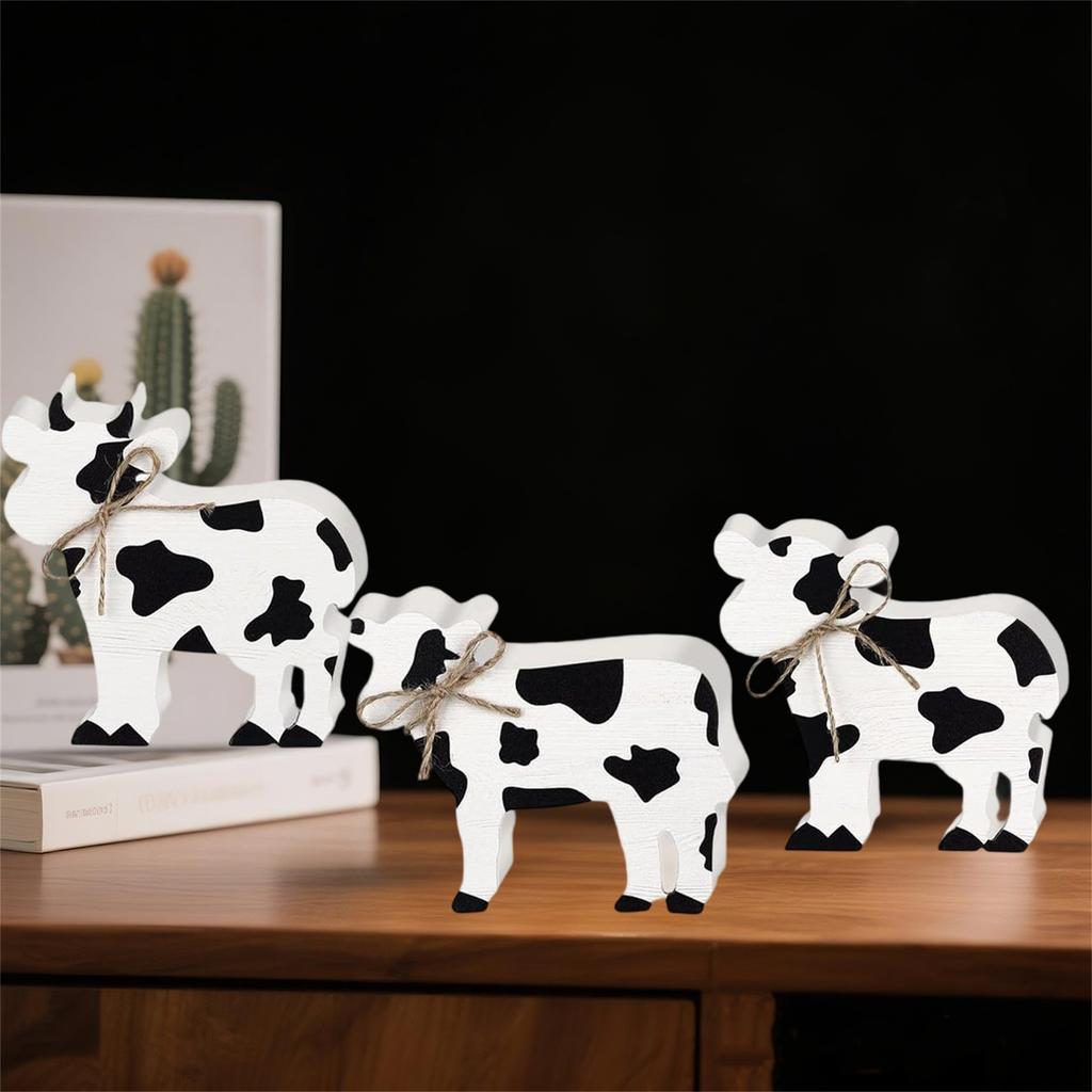 Figurine din Lemn de Fermă cu Vacă Set de 3 Niveluri Tavă Decorațiuni Panouri Verticale Rustice pentru Casă Bucătărie Sufragerie Decor Fermă