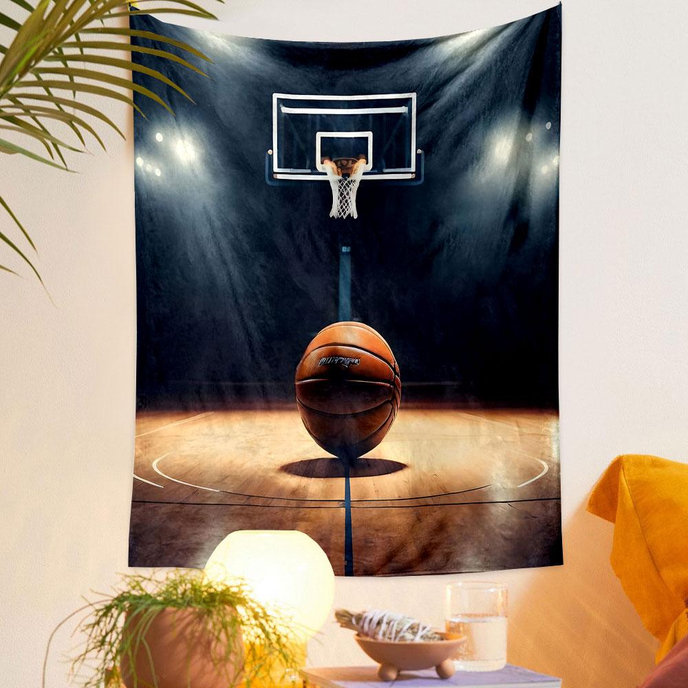 Basketball Court with Glowing Hoop Patterned Tapestry Decorative Wall Hanging, Home Bedroom Living Room Decor
