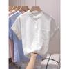 Women's Pink Mandarin Collar Blouse Short Sleeve Casual Loose Fit Button-Down Shirt with Pocket