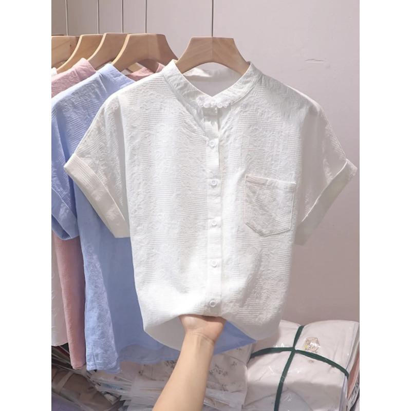 Women's Pink Mandarin Collar Blouse Short Sleeve Casual Loose Fit Button-Down Shirt with Pocket