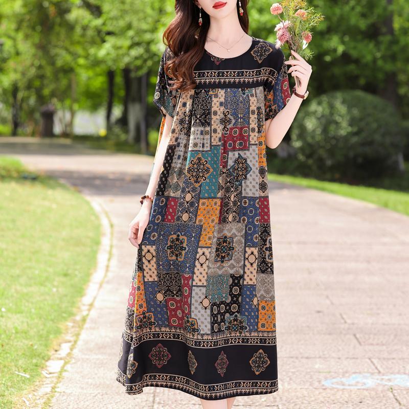 Μεγάλο μέγεθος Φαρδύ Vintage Print Μακρύ Φόρεμα για Γυναικεία Casual κοντομάνικα καλοκαιρινά γυναικεία φορέματα