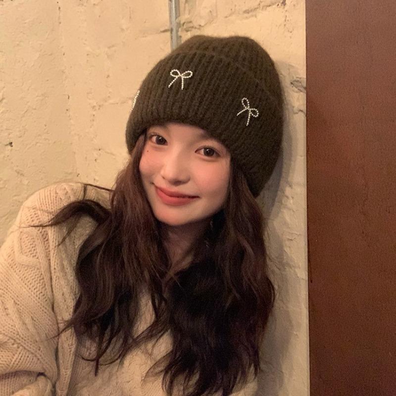 Bow Knitted Wool Hat Autumn and Winter New Big Head Circumference Versatile Fashion Ear Protector Cold Hat Women