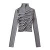 High Neck Pleated Design Waist-Cinching Long Sleeve T-Shirt for Women - Autumn/Winter