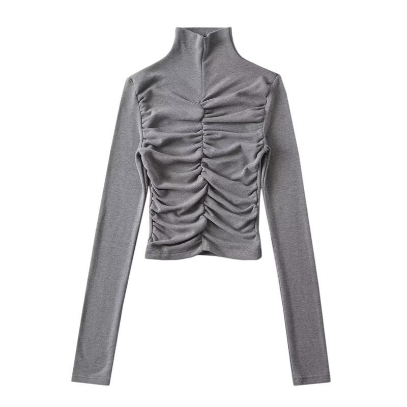 

High Neck Pleated Design Waist-Cinching Long Sleeve T-Shirt for Women - Autumn/Winter Small