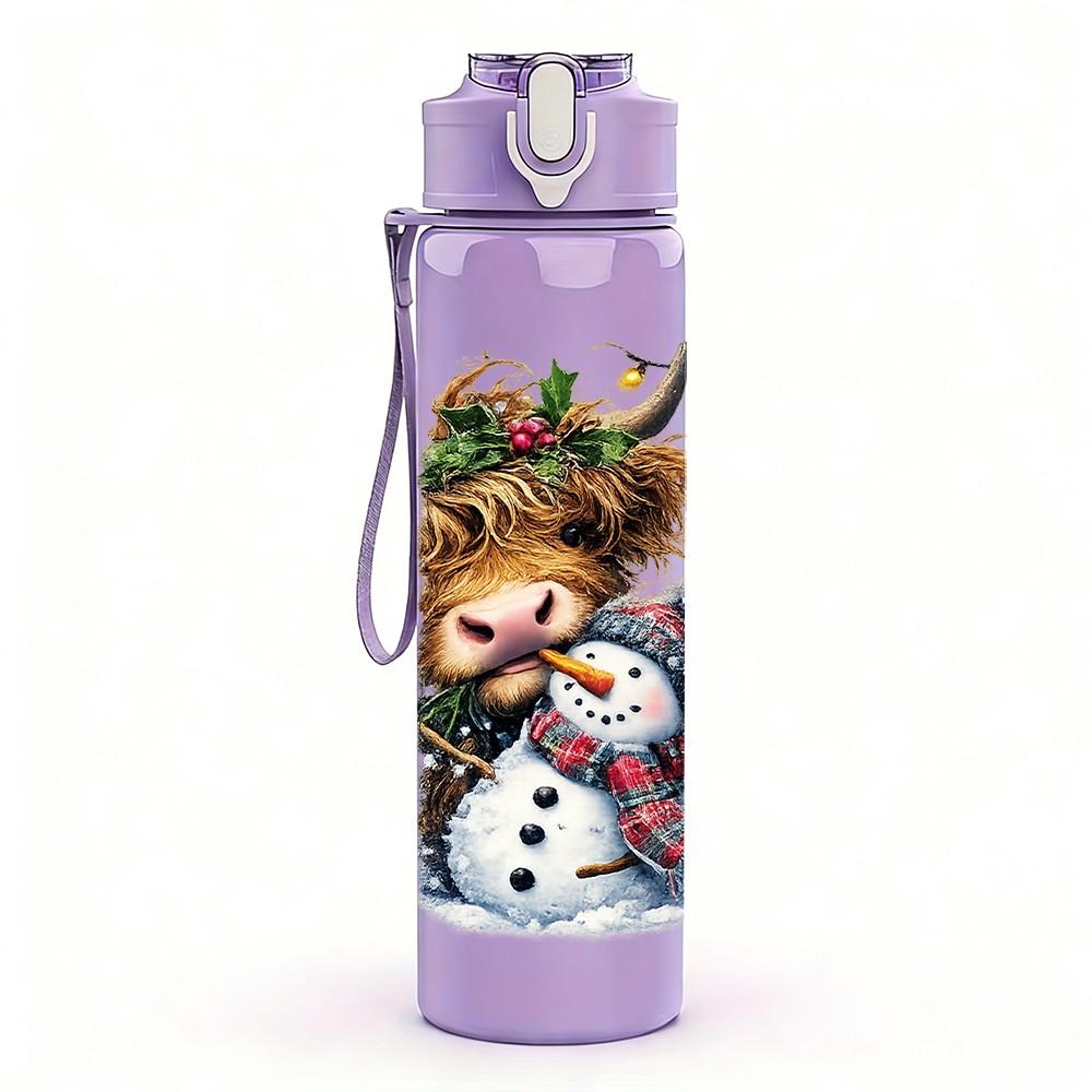 1PC Bear Snow Winter Christmas Cartoon 750ml Color Plastic Sports Water Bottle Leakproof Flip Straw Lid Suitable for Sports Office Home Use