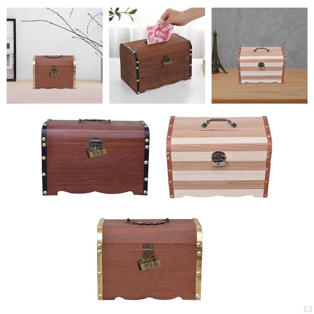 Rustic Wooden Piggy Bank Chest with Lock And Keys, Money Storage Box for Birthday Gifts, Bookshelf