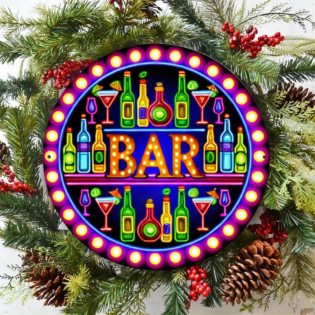 

2d Fflat 20*20cm Retro Neon Bar Sign Circular, Colorful Beverage and Bottle Design, Wooden Wall Art, with Holiday Christmas Decoration, Perfect for 20*20cm